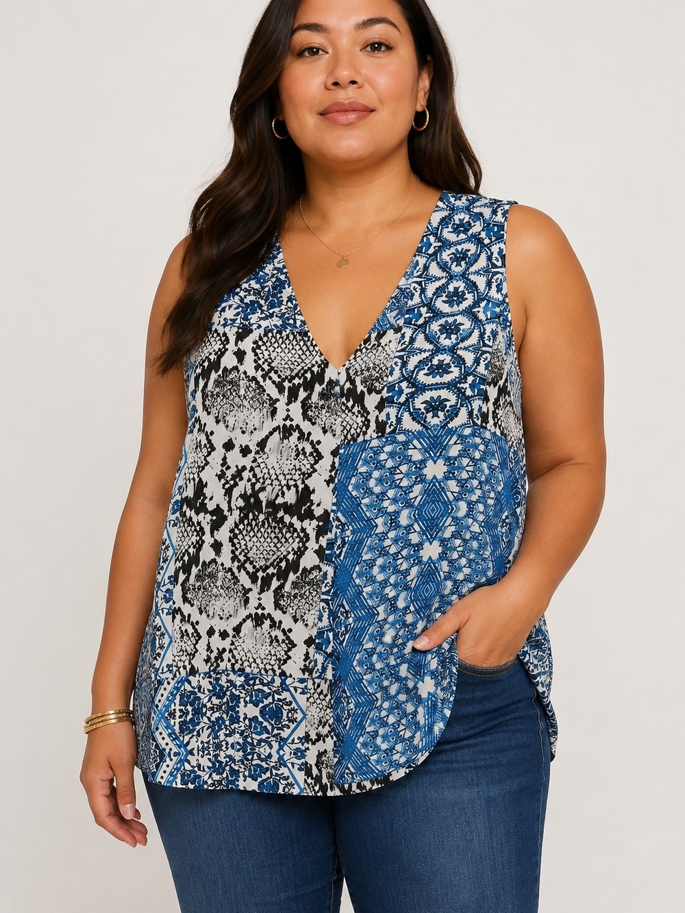 Calvin Klein Blue and White Mixed Print V-Neck Tank